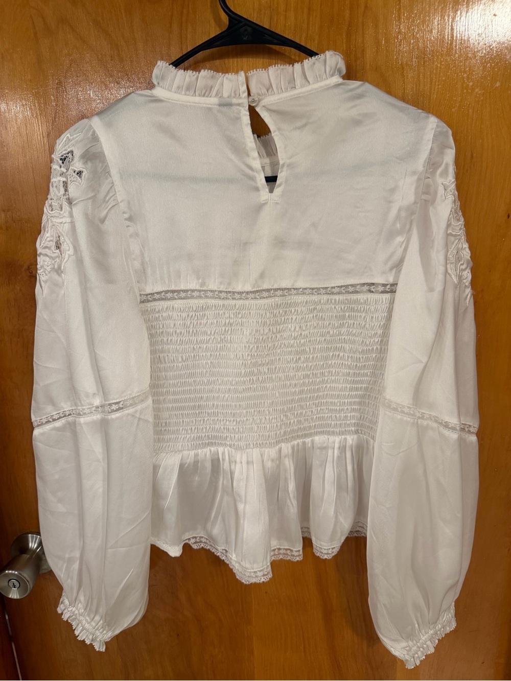 Anthropologie Long-Sleeve Smocked Blouse in White Size Medium - Picture 5 of 7